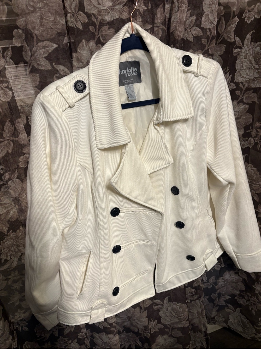Charlotte Russe Off-White Double-Breasted Peacoat with Black Buttons